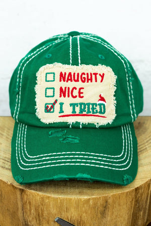 Distressed Kelly Green 'Naughty, Nice, I Tried' Cap - Wholesale Accessory Market