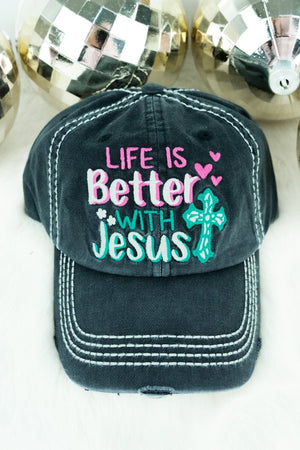 Distressed Black 'Life Is Better With Jesus' Cap - Wholesale Accessory Market