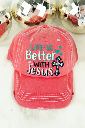 Distressed Salmon 'Life Is Better With Jesus' Cap - Wholesale Accessory Market