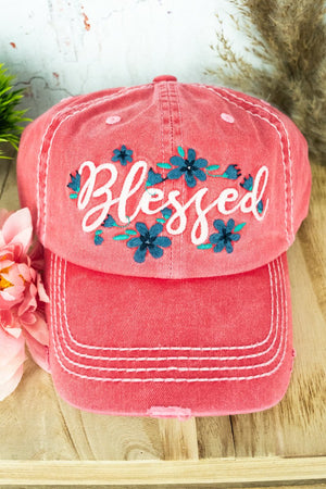 Distressed Salmon 'Blessed' Floral Cap - Wholesale Accessory Market