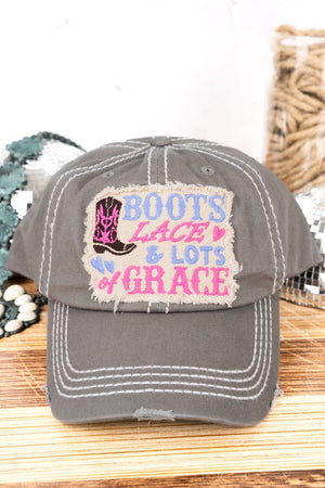 Distressed Steel Gray 'Boots Lace & Lots Of Grace' Cap - Wholesale Accessory Market
