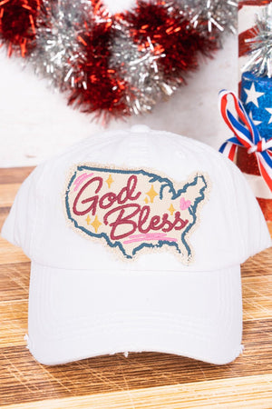 Distressed White 'God Bless' America Cap - Wholesale Accessory Market