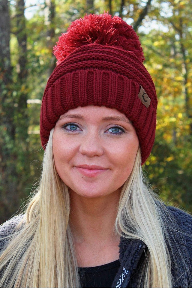 Snowball Fight Pom Pom Beanie, Burgundy - Wholesale Accessory Market
