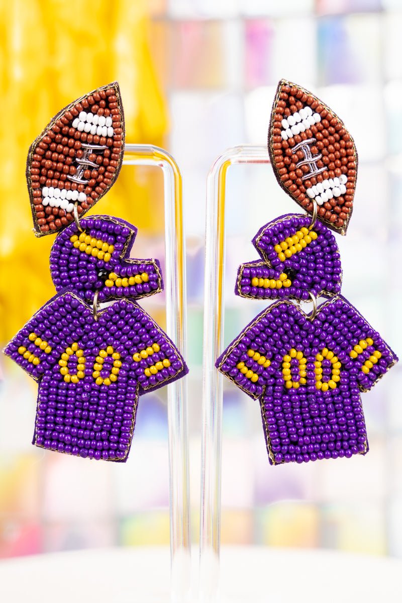 Purple and Yellow Gameday Ready Seed Bead Earrings Wholesale