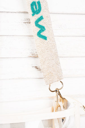 Silver and Turquoise 'Yeehaw' Seed Bead Bag Strap - Wholesale Accessory Market