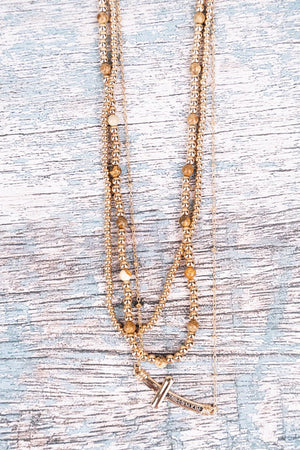 Brown Goldtone Phillipians 4:13 Cross Layered Necklace - Wholesale Accessory Market