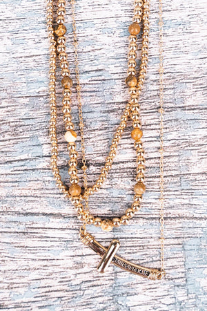 Brown Goldtone Phillipians 4:13 Cross Layered Necklace - Wholesale Accessory Market