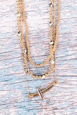 Dalmation Jasper Goldtone Phillipians 4:13 Cross Layered Necklace - Wholesale Accessory Market