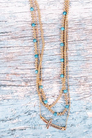 Turquoise Goldtone Phillipians 4:13 Cross Layered Necklace - Wholesale Accessory Market