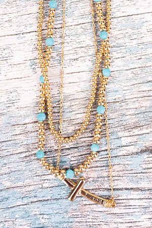 Turquoise Goldtone Prov. 3:5 Cross Layered Necklace - Wholesale Accessory Market