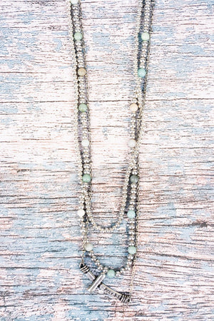 Amazonite Silvertone Prov. 3:5 Cross Layered Necklace - Wholesale Accessory Market