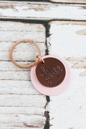 Rose Goldtone 'Be Grateful' and Pink Faux Leather Layered Disk Keyring - Wholesale Accessory Market