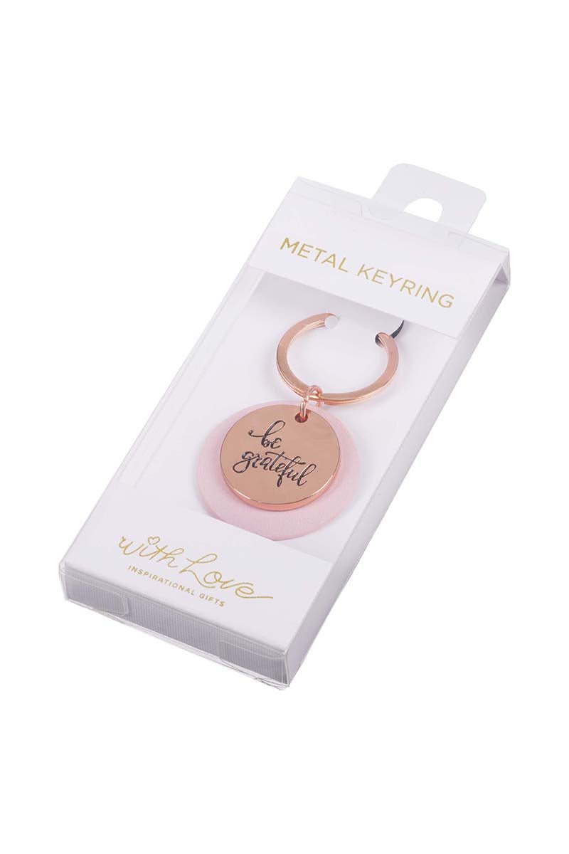 Rose Goldtone 'Be Grateful' and Pink Faux Leather Layered Disk Keyring - Wholesale Accessory Market