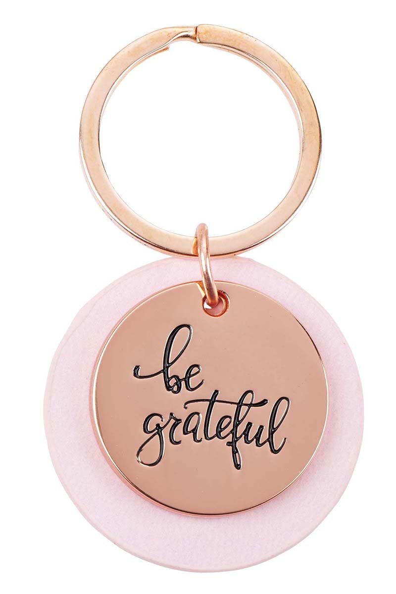Rose Goldtone 'Be Grateful' and Pink Faux Leather Layered Disk Keyring - Wholesale Accessory Market
