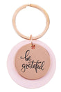 Rose Goldtone 'Be Grateful' and Pink Faux Leather Layered Disk Keyring - Wholesale Accessory Market