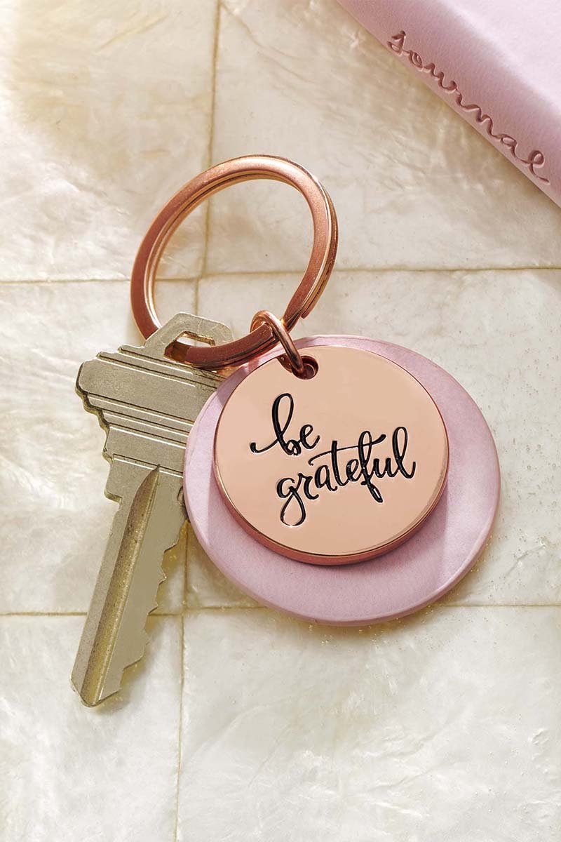 Rose Goldtone 'Be Grateful' and Pink Faux Leather Layered Disk Keyring - Wholesale Accessory Market