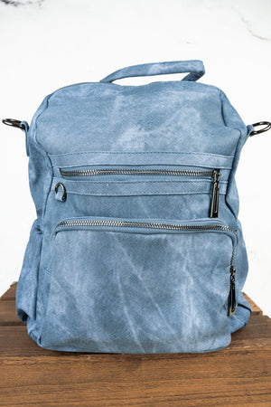 Charmed Life Denim Blue Faux Leather Backpack Tote - Wholesale Accessory Market