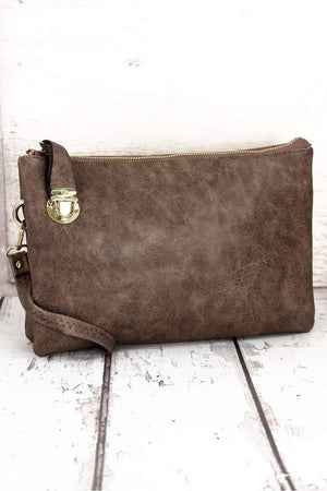 NGIL Taupe Gray Faux Leather Buckle Lock Crossbody Clutch - Wholesale Accessory Market