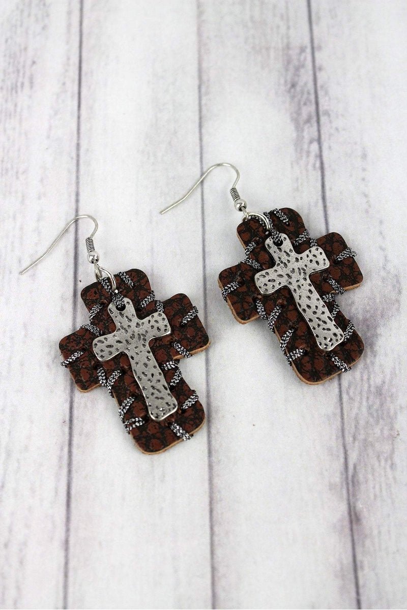 Layered Burnished Silvertone and Faux Leather Cross Earrings - Wholesale Accessory Market