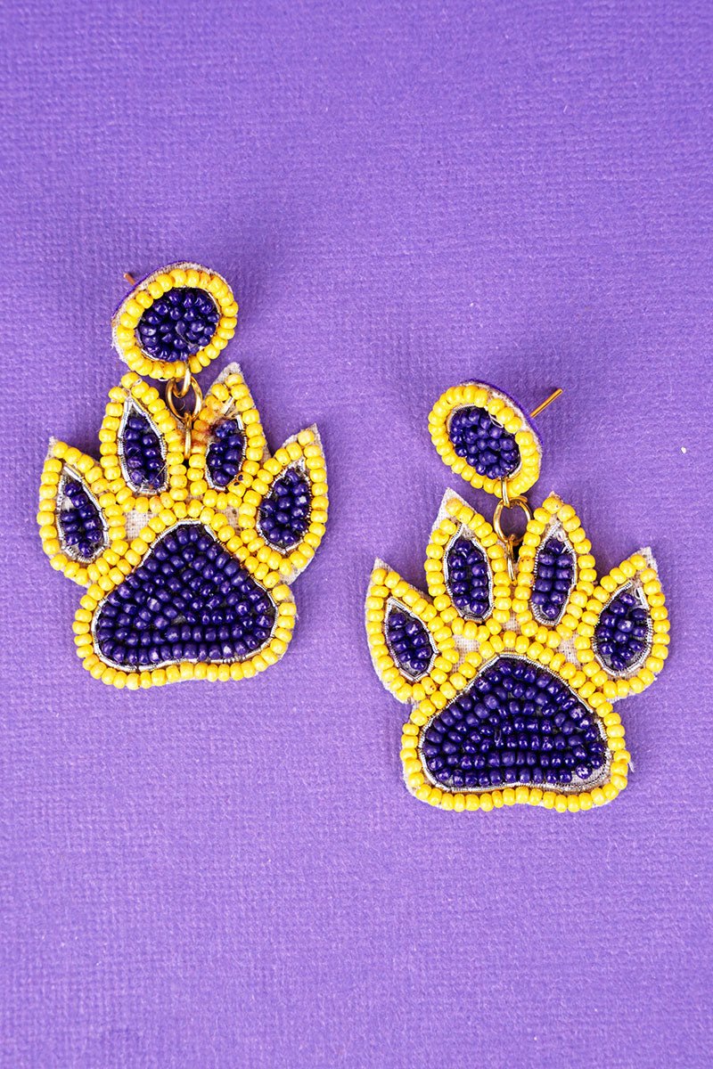 Win The Day Purple and Yellow Paw Earrings - Wholesale Accessory Market