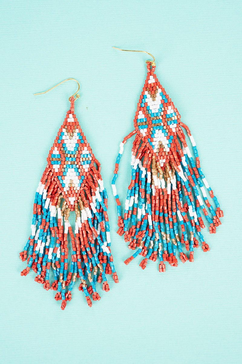 Channing Coral and Blue Seed Bead Fringe Earrings Wholesale