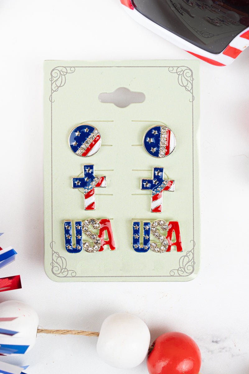 Patriotic USA, Disk, and Cross 3 Pair Earring Set - Wholesale Accessory Market