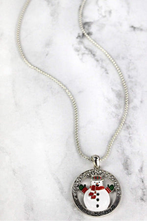 Crystal Silvertone Encircled Snowman 'Happy Holiday' Pendant Necklace - Wholesale Accessory Market
