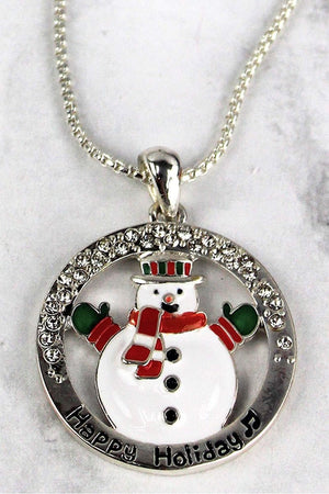 Crystal Silvertone Encircled Snowman 'Happy Holiday' Pendant Necklace - Wholesale Accessory Market