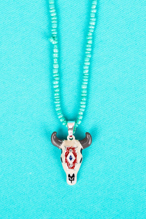 Lancaster Painted Steer Head Turquoise Seed Bead Necklace - Wholesale Accessory Market