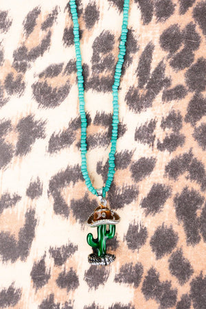 Western Styling Silvertone Cactus Turquoise Seed Bead Necklace - Wholesale Accessory Market