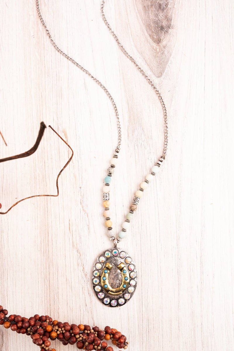 Multi Tone Iridescent Crystal Horseshoe Pendant Beaded Necklace