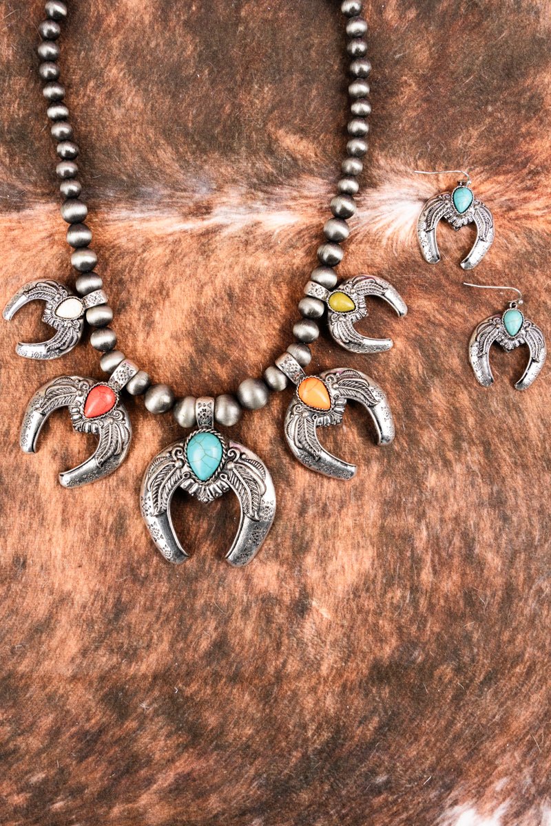 MultiColor Beaded Silvertone Naja Charm Necklace and Earring Set