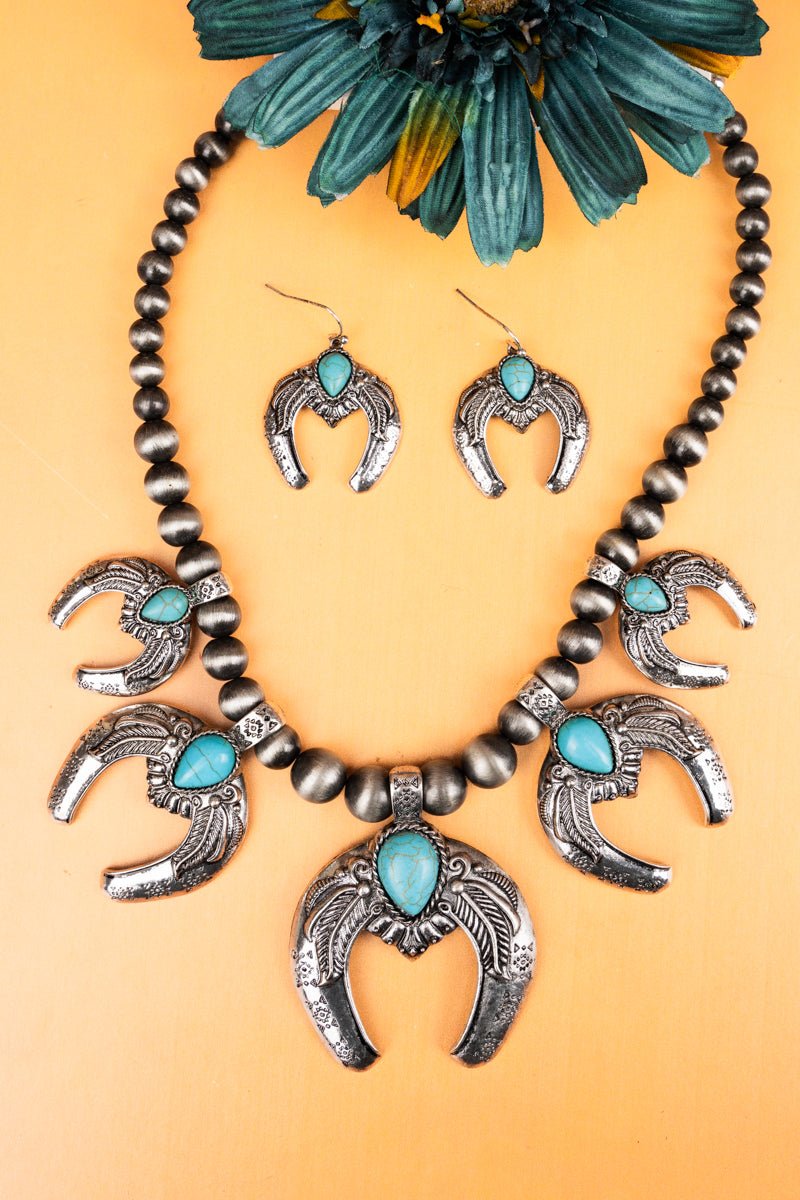 Turquoise Beaded Silvertone Naja Charm Necklace and Earring Set