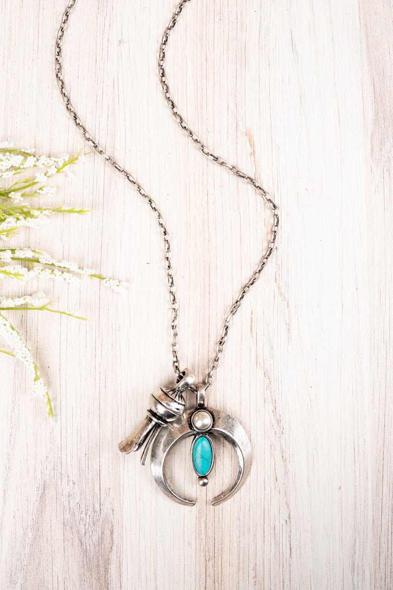 Burnished Silvertone and Turquoise Bead Naja & Squash Blossom Necklace Wholesale Accessory Market