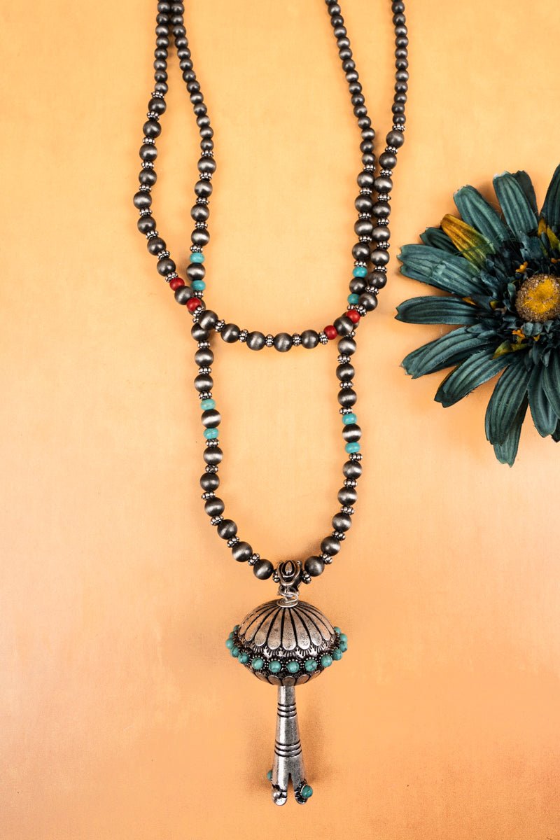 Vintage Navajo Stamped Sterling Silver And Turquoise Squash Blossom Necklace  | Good Tidings Style | Wolf & Badger