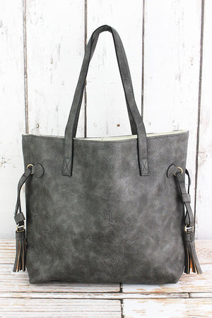 NGIL Dark Gray Faux Leather Side Tassel Tote - Wholesale Accessory Market