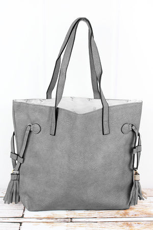 NGIL Gray Faux Leather Side Tassel Tote - Wholesale Accessory Market