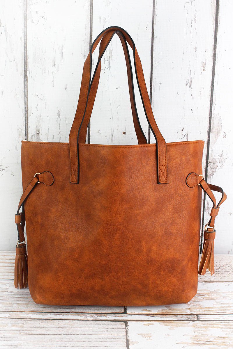 Light Brown Faux Leather Side Tassel Tote | Wholesale Accessory Market