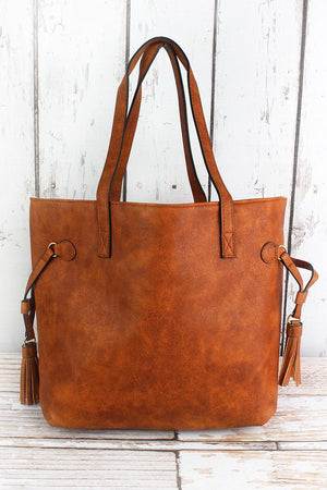 NGIL Light Brown Faux Leather Side Tassel Tote - Wholesale Accessory Market