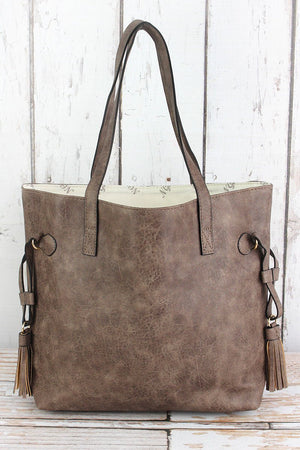 NGIL Taupe Gray Faux Leather Side Tassel Tote - Wholesale Accessory Market