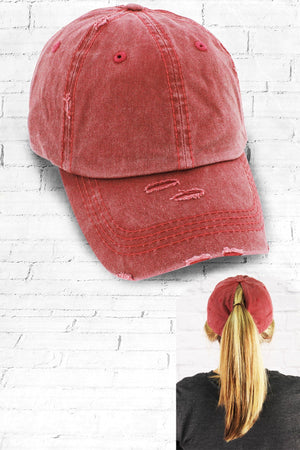 Distressed Maroon Ponytail Cap - Wholesale Accessory Market