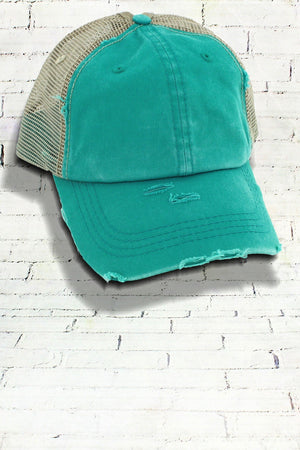 Distressed Turquoise Mesh Ponytail Cap - Wholesale Accessory Market