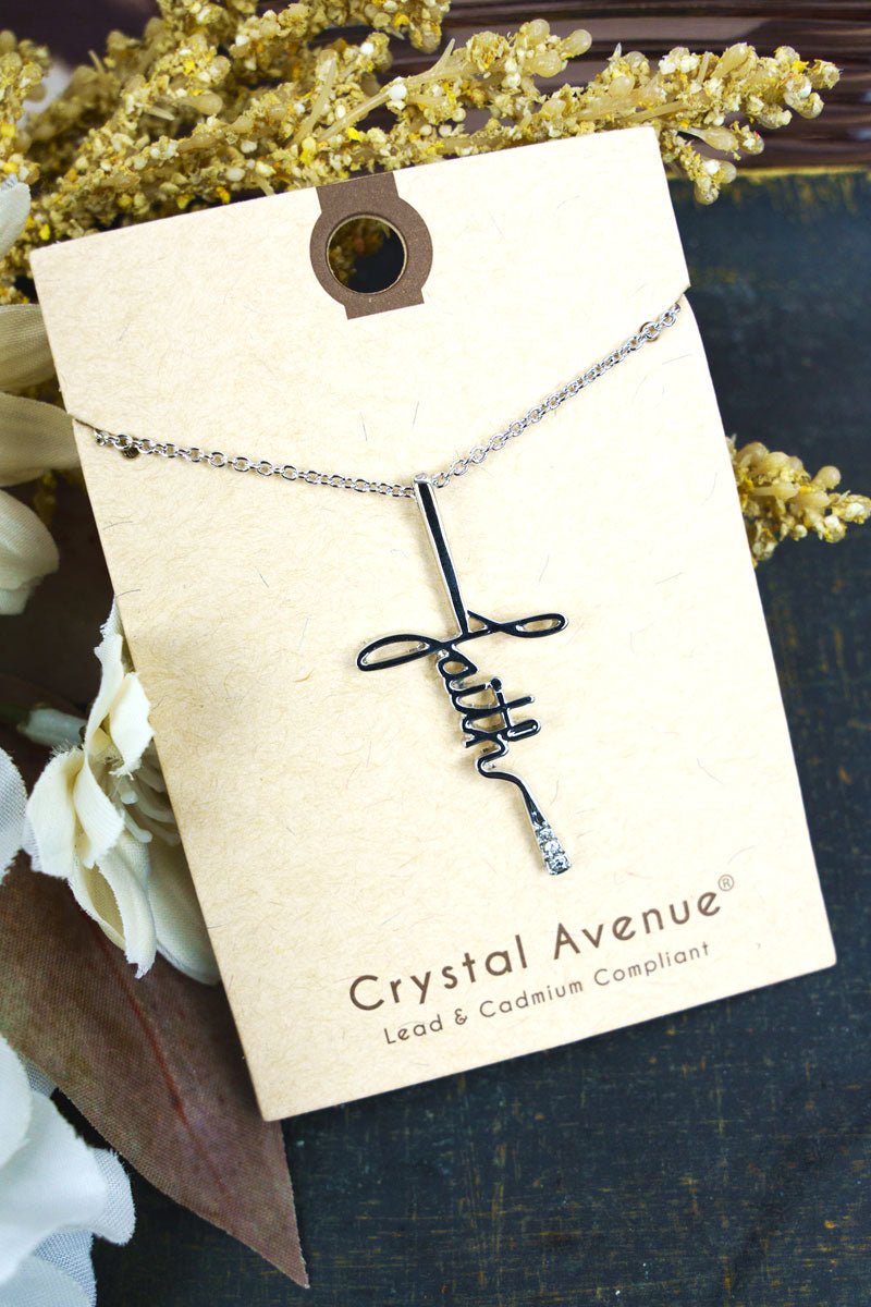 Silvertone Faith Script Cross Necklace - Wholesale Accessory Market