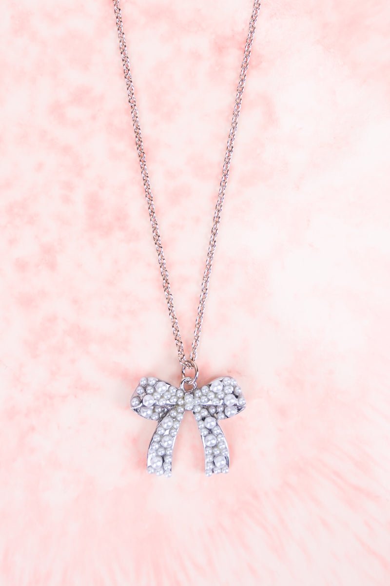 Crystal Avenue Pearl Bow Silvertone Necklace - Wholesale Accessory Market