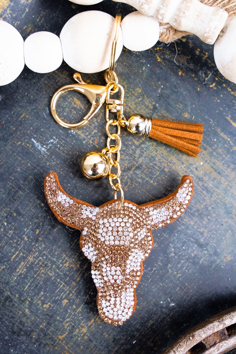 Crystal Avenue Crystal Encrusted Brown Steer Keychain - Wholesale Accessory Market