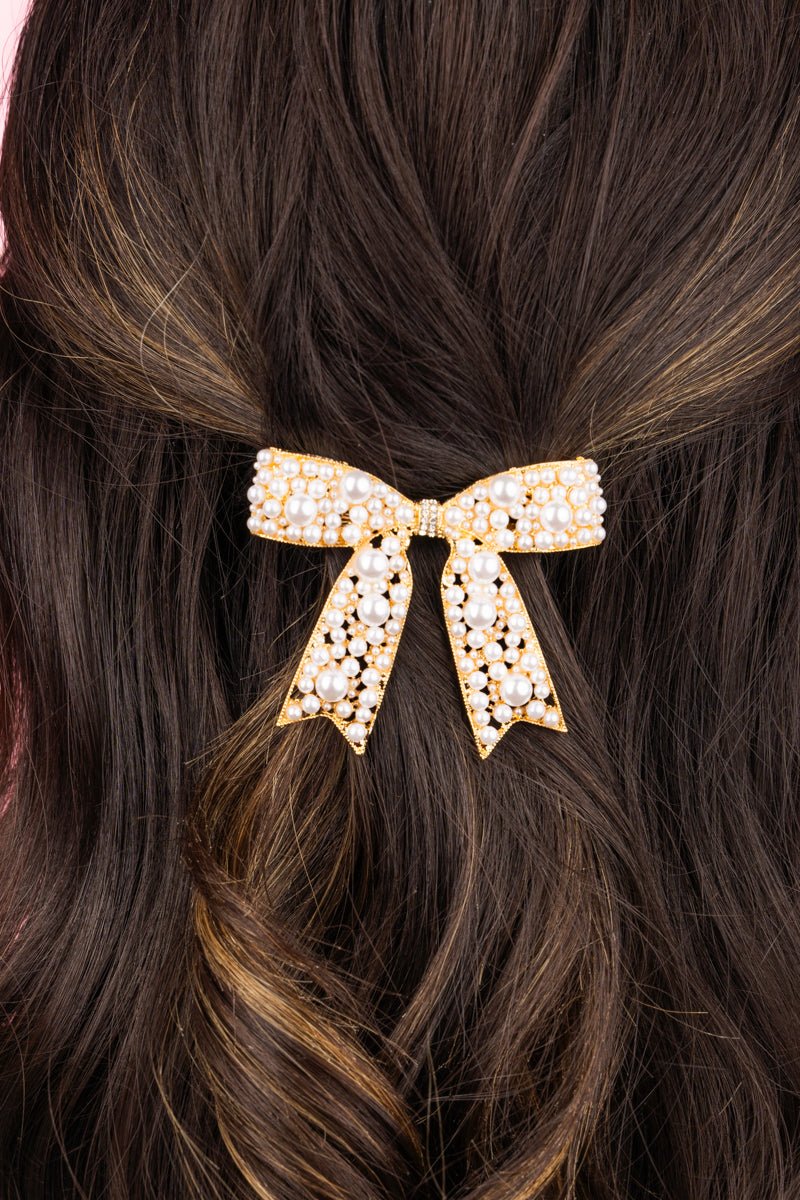 Crystal Avenue Pearl & Crystal Bow Goldtone Hair Barrette Wholesale