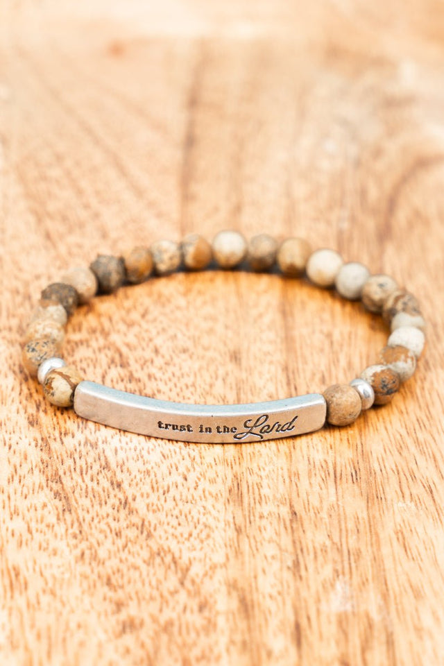 Crystal Avenue Silvertone 'Trust In The Lord' Bar Brown Semi-Precious Stone Bracelet - Wholesale Accessory Market