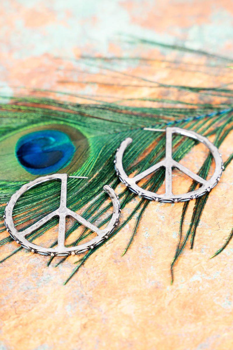 TIPI Peace Silvertone and Turquoise Bead Open Hoop Earrings - Wholesale Accessory Market
