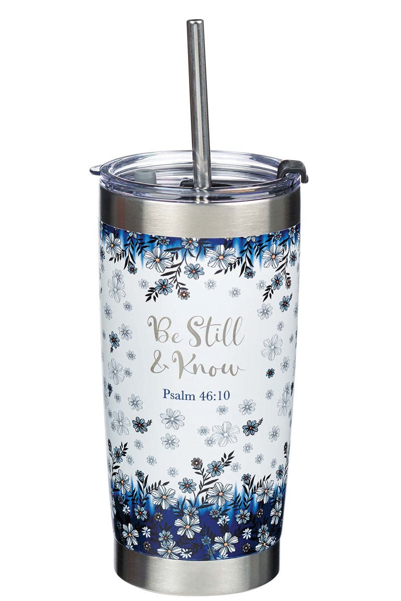 Be Still & Know Blue Floral Stainless Steel Travel Mug with Straw - Wholesale Accessory Market