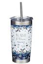 Be Still & Know Blue Floral Stainless Steel Travel Mug with Straw - Wholesale Accessory Market